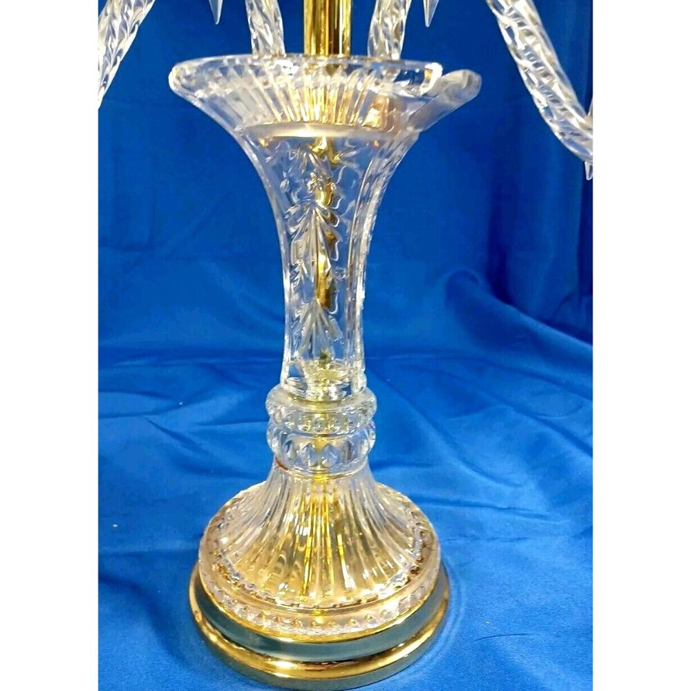XL Cut Crystal 3 Arm Candlestick Candelabra Prisms Hollywood Regency MCM Brass - Picture 9 of 10